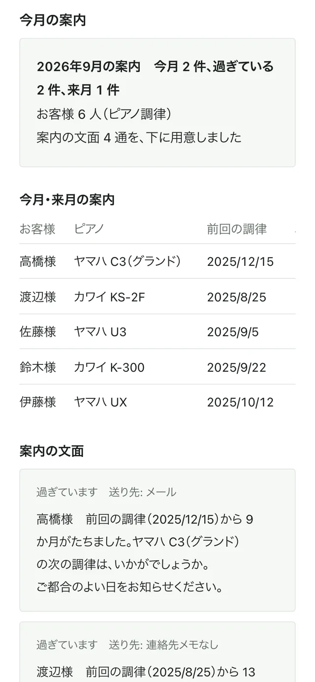 次回案内カルテの今月・来月の案内と案内の文面