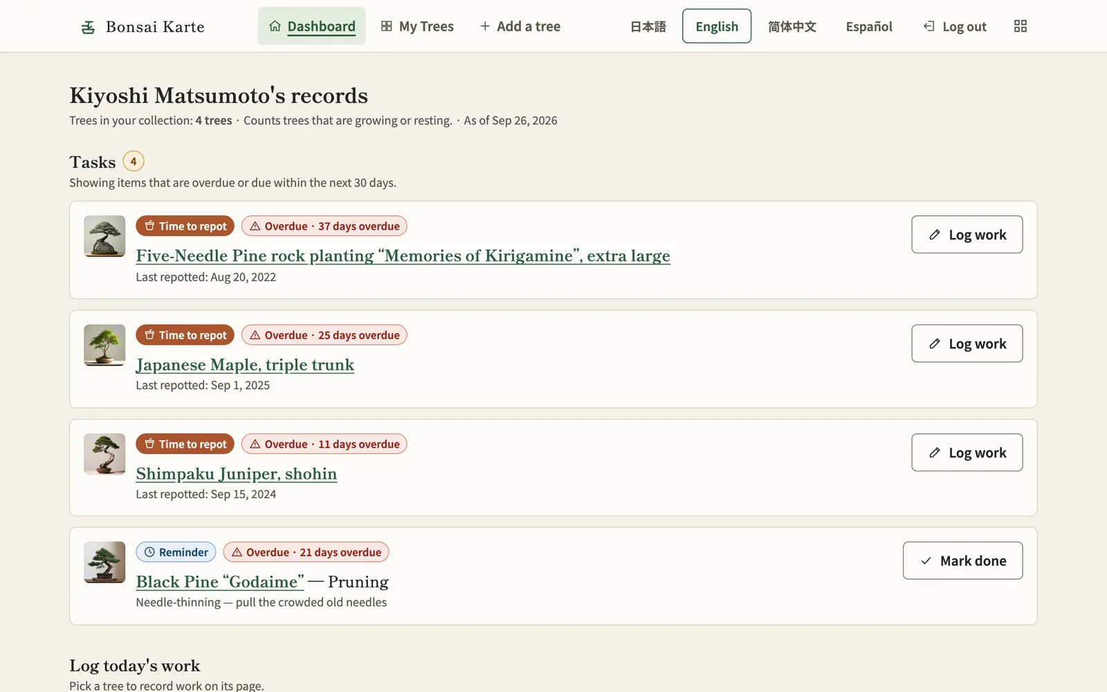 The dashboard task list, each item with its repotting due date