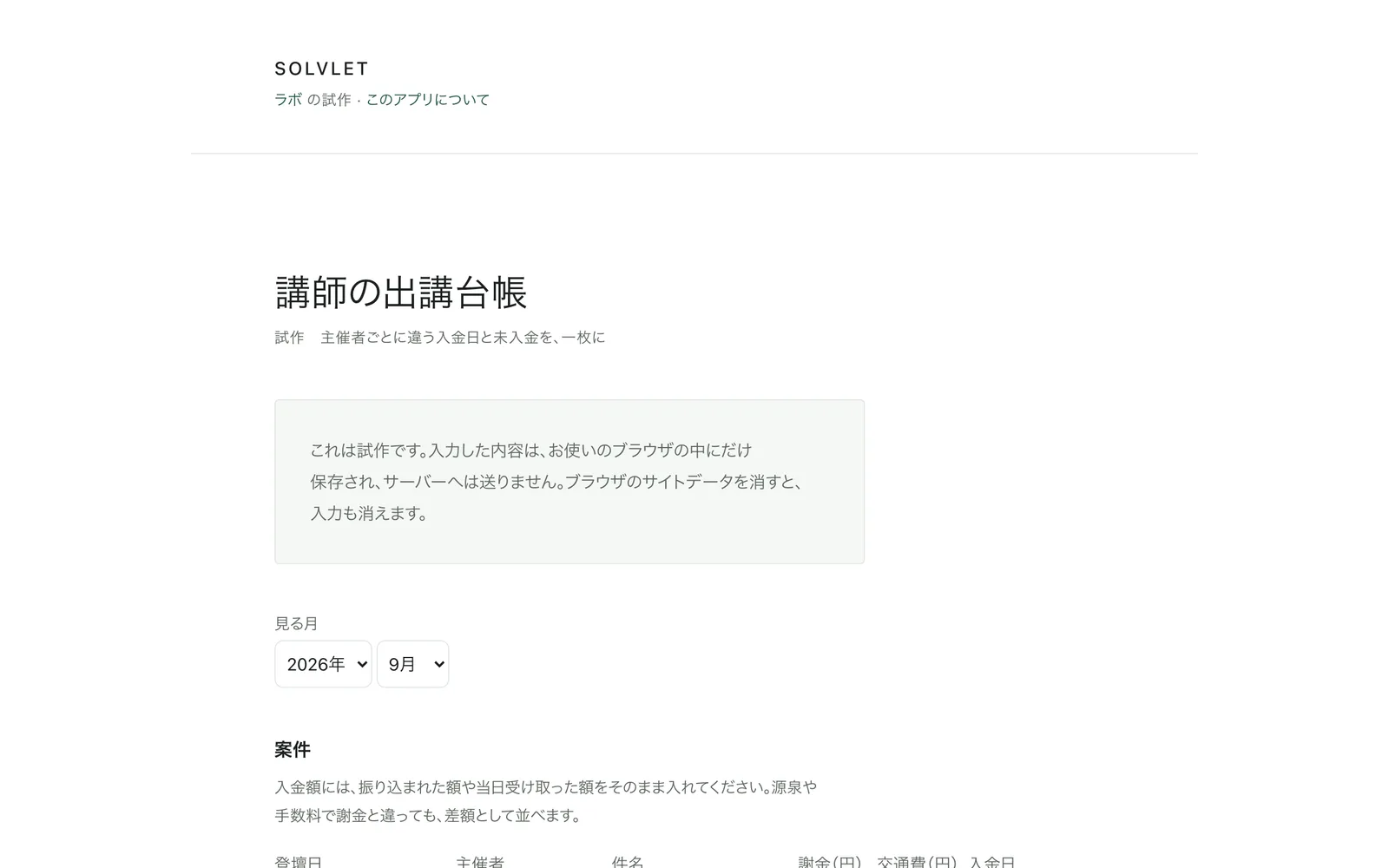 登壇日と謝金を入力する案件の表